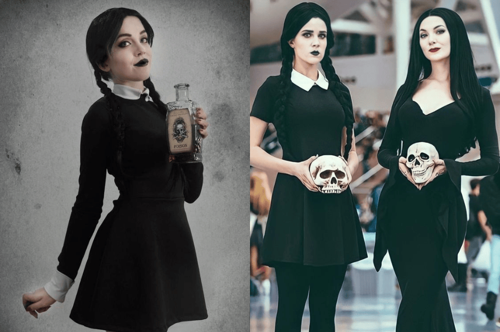 Esta es una gran idea, disfraz de Merlina o la Familia Addams si buscas un disfraz en grupo.