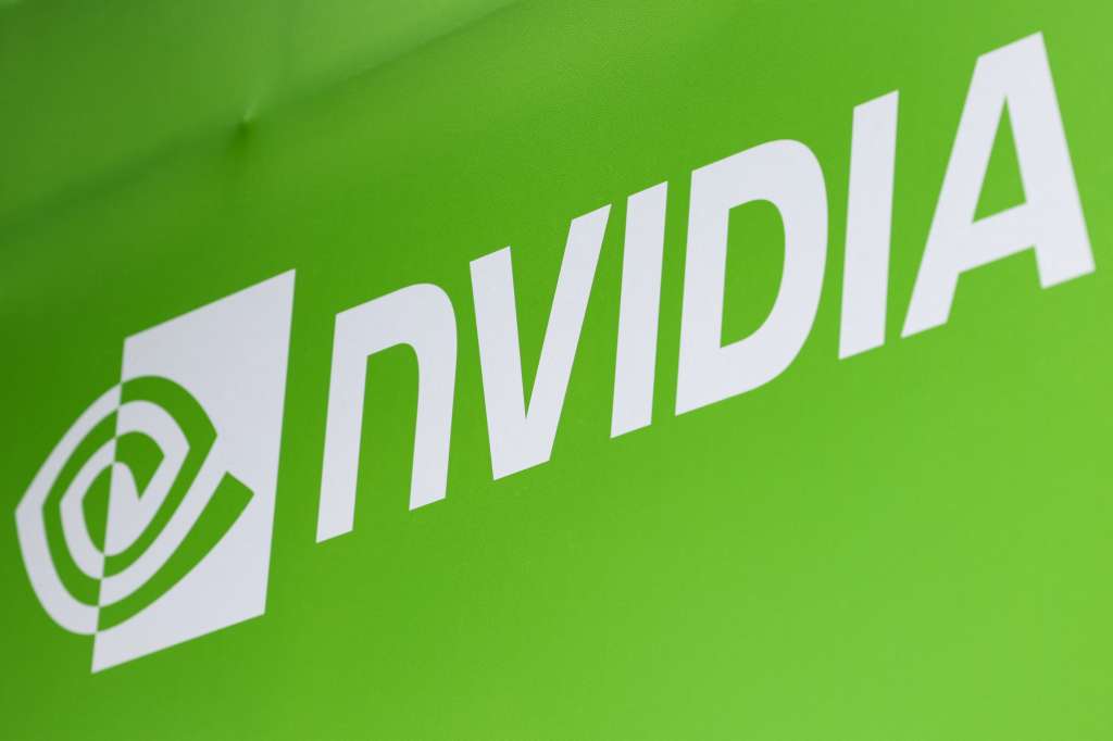 (FILES) The Nvidia logo is seen at the Taipei Music Center in Taipei on May 19, 2025, where Nvidia co-founder and CEO Jensen Huang delivered the first keynote speech of Computex 2025.