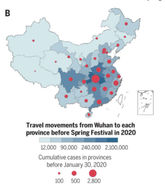 Otro mapa publicado por investigadores de la U. de Oxford, que relaciona la cantidad de viajeos que salieron de Wuhan hacia otras ciudades chinas con el tamaño de la epidemia en cada uno de esos sitios.