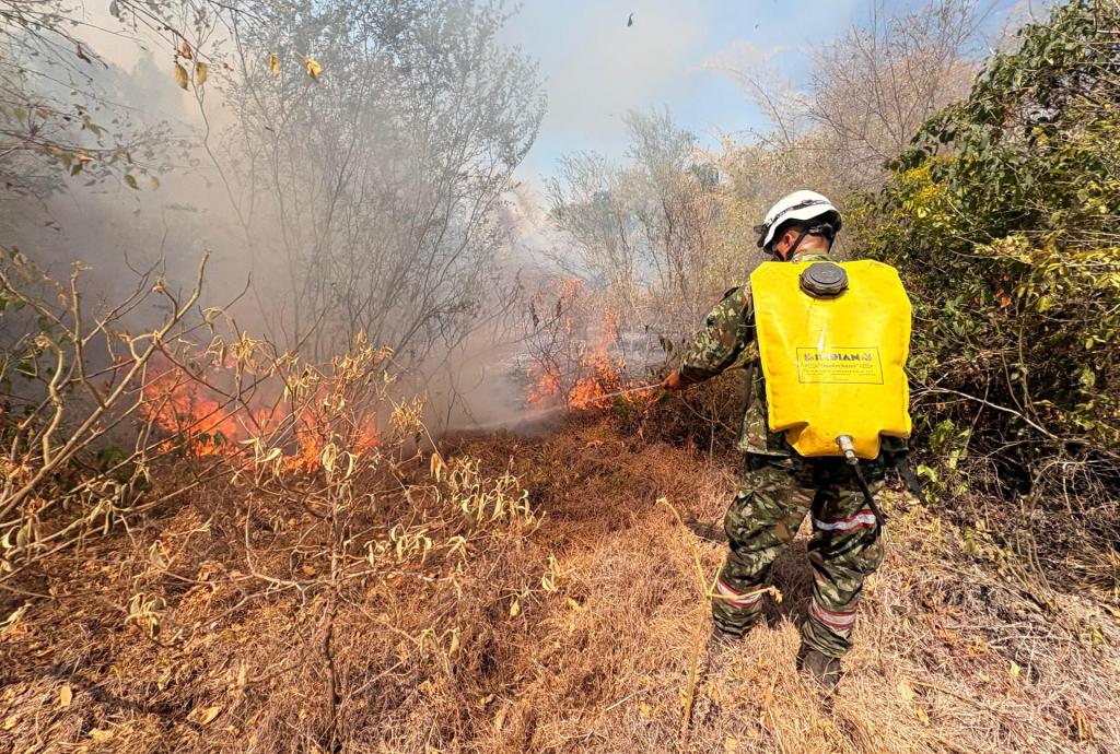 Un bombero trabaja en la contención de uno de los incendios forestales en Chagualá, departamento del Tolima.