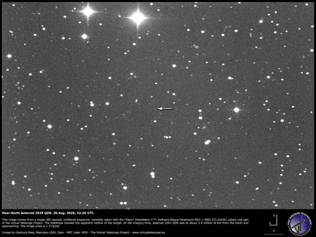 Esta es una de las imágenes captadas por The Virtual Telescope Project del asteroide 2025 QD8.