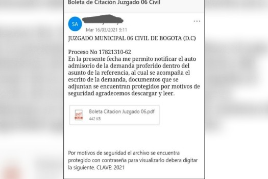 Correos como este son los que están usando bandas de ciberdelincuentes para estafar a ciudadanos de Bogotá. Si le llega un correo similar a este, revise el dominio del correo que lo envía y evite abrir cualquier link que le envíen, pues si lo abre, el dispositivo en donde lo visualizó quedará infectado y esto facilitará la acción de los delincuentes.