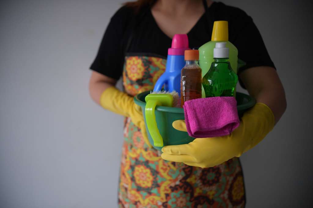 Foto ilustración de amas de casa que están en compañía de productos de aseo