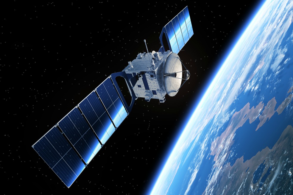 Communication Satellite Orbiting Planet Earth. 3D Scene.