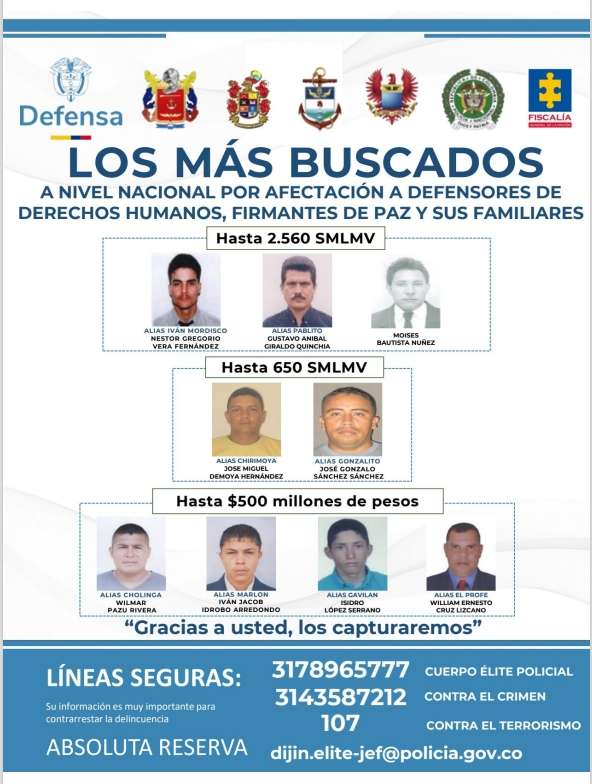 Nuevo cartel de los más buscados por crímenes en contra de líderes sociales y firmantes del acuerdo de paz.