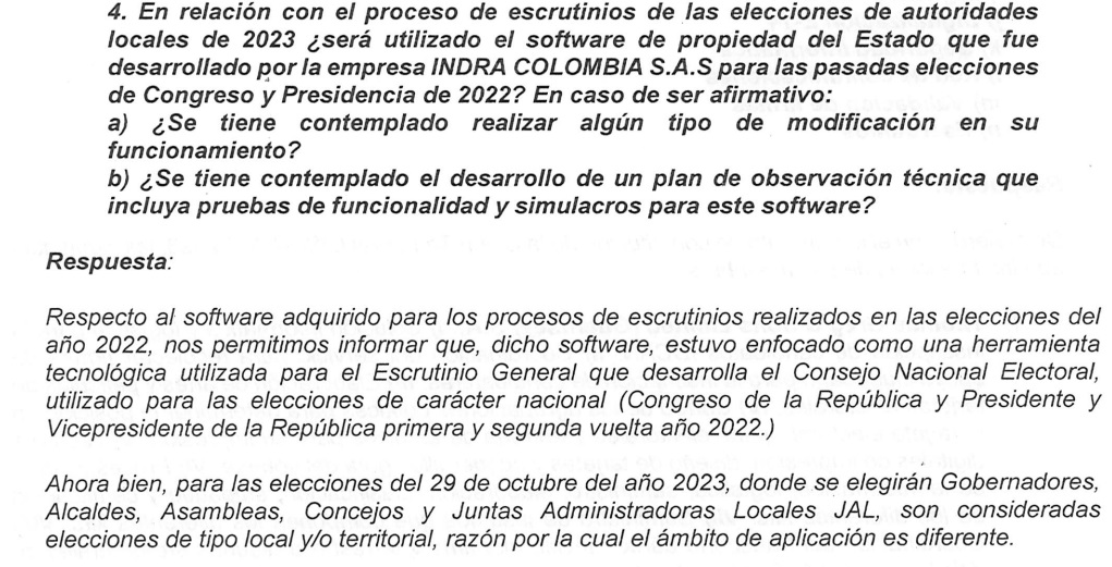 Respuesta de la Registraduría a derecho de petición enviado por organización de observación y veeduría electoral, sobre el contrato del software de Indra.