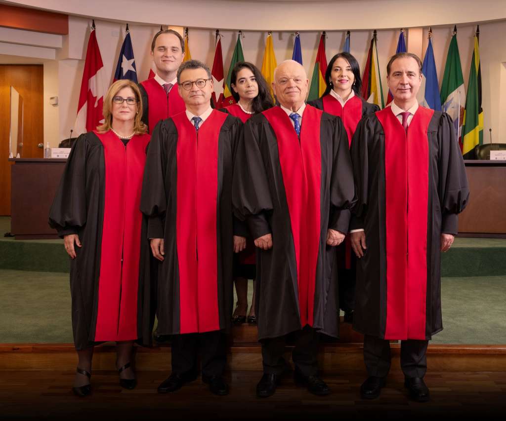 Los siete jueces de la Corte IDH: Ricardo Pérez (presidente), Eduardo Ferrer, Humberto Sierra, Nancy Hernández, Verónica Gómez, Patricia Pérez y Rodrigo Mudrovitsch.