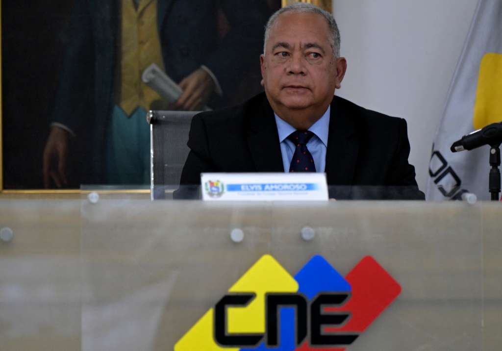 TOPSHOT - The President of the National Electoral Council (CNE), Elvis Amoroso, speaks during a press conference in Caracas on August 2, 2024.