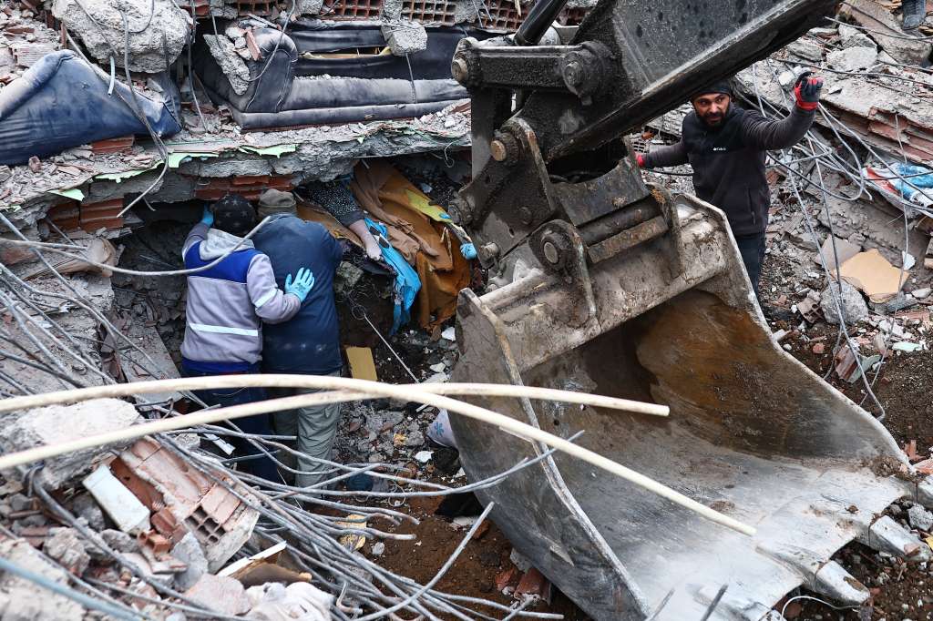 Elbistan (Turkey), 08/02/2023.- Emergency personnel and locals find the remains of a victim at the site of a collapsed building in the aftermath of a major earthquake in the Elbistan district of Kahramanmaras, Turkey, 08 February 2023. More than 9,000 people have died and thousands more injured after two major earthquakes struck southern Turkey and northern Syria on 06 February. Authorities fear the death toll will keep climbing as rescuers look for survivors across the region. (Terremoto/sismo, Siria, Turquía, Estados Unidos) EFE/EPA/SEDAT SUNA ATTENTION: GRAPHIC CONTENT