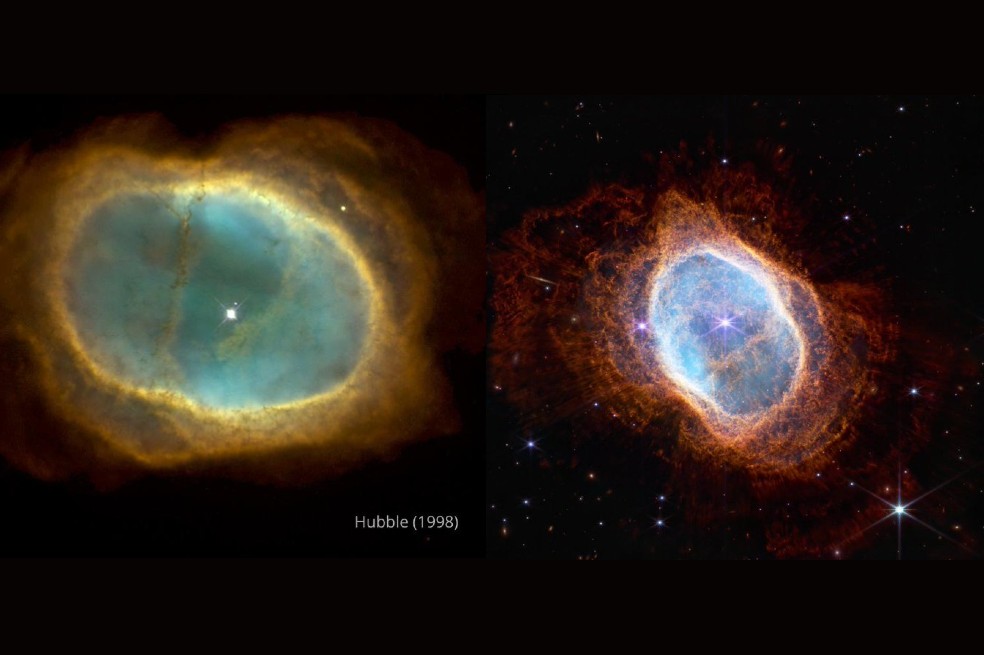 A la izquierda está la imagen de las nebulosas del Anillo Sur tomada por el Hubble. A la derecha es la foto capturada por el Webb.