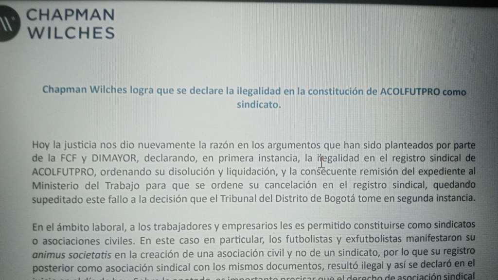 Comunicado de la firma Chapman Wilches, que representa a Colfútbol y a la Dimayor.