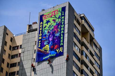 COP16: Activistas colgaron imagen a 70 metros con un llamado por la naturaleza
