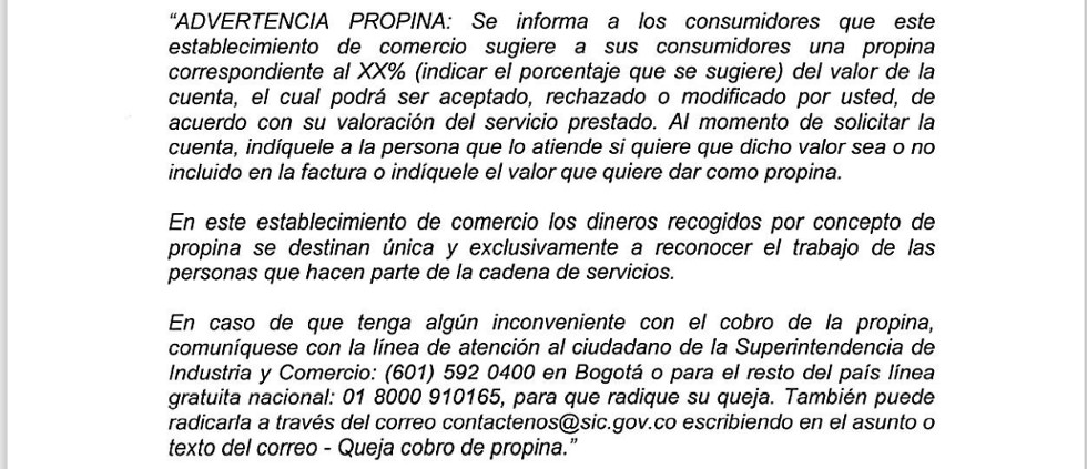 Precios y Propinas. Un aparte del texto de la SIC.
