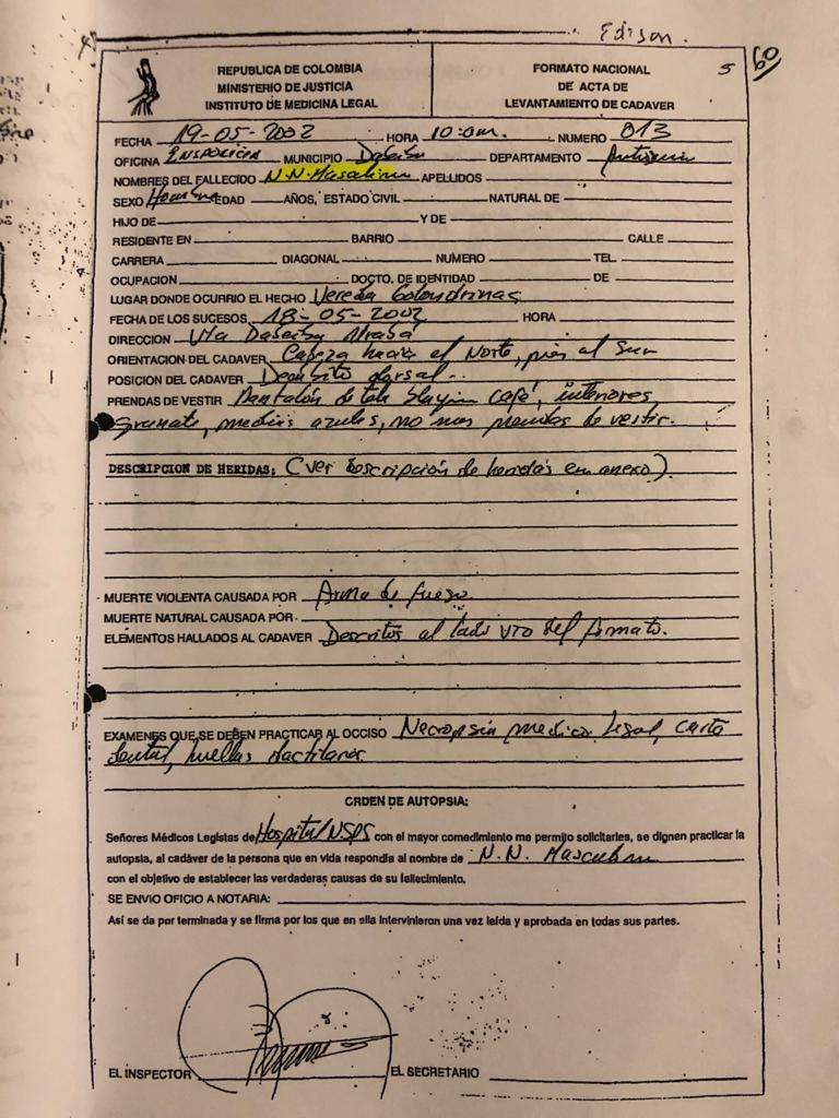 Este es el documento de la Fiscalía, en el que se toma una entrevista a Rubiela Manco, esposa de Edinson Lezcano, el 20 de mayo de 2010, ocho años después de su asesinato.)