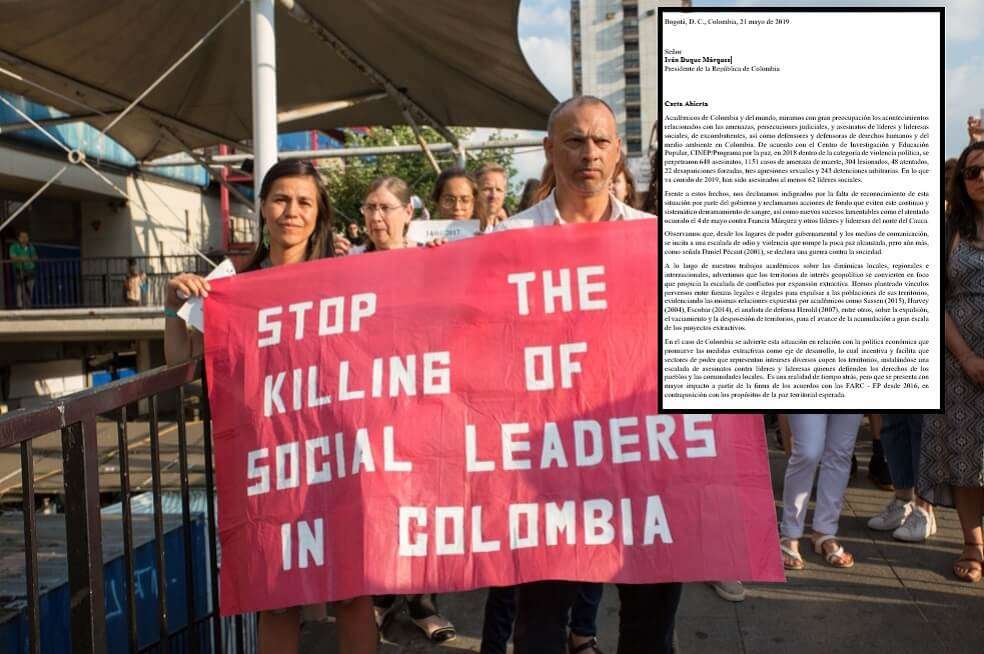 Imagen de una reciente protesta en Londres por el asesinato de líderes sociales en Colombia, que motivó una carta de académicos del mundo entero al presidente Iván Duque. / Archivo El Espectador / Cortesía de Julián Martínez Valderrama y facsímil de la carta
