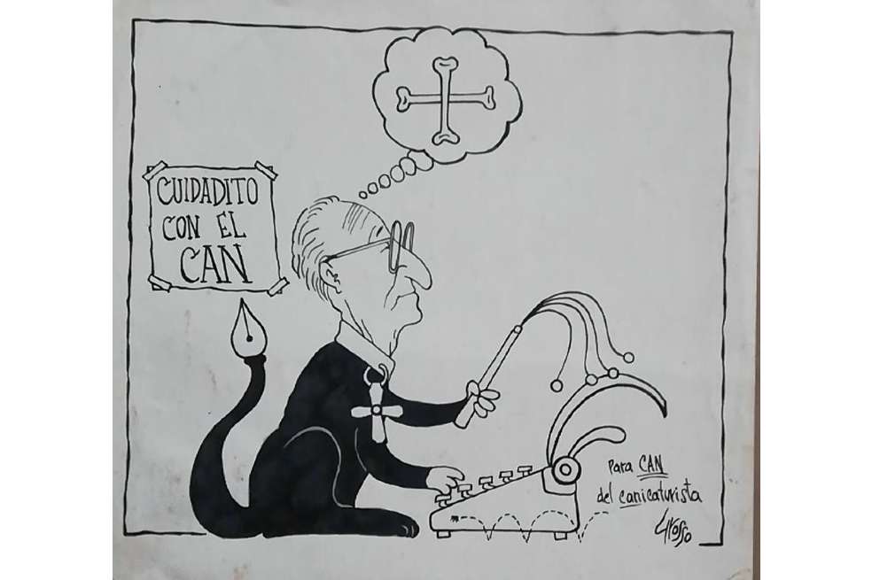 Imagen de una de las caricaturas realizadas por “Grosso”, caricaturista colombiano, en homenaje a “CAN”, Néstor Cardona Arcila, el fundador de “El Fuete” y quien estuvo bajo la dirección de el periódico hasta diciembre de 1983.