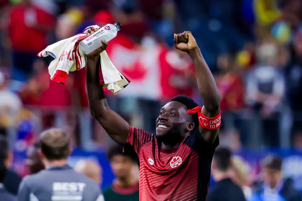 Arlington (United States), 06/07/2024.- Alphonso Davies of Canada reacts after Canada defeated Venezuela during penalty kicks in the CONMEBOL Copa America 2024 Quarter-finals match between Venezuela and Canada, in Arlington, Texas, USA, 05 July 2024. EFE/EPA/KEVIN JAIRAJ
