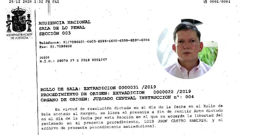 Documentación oficial de la Audiencia Nacional de España, sobre extradición de Luis John Castro Ramírez, alias el Zarco.