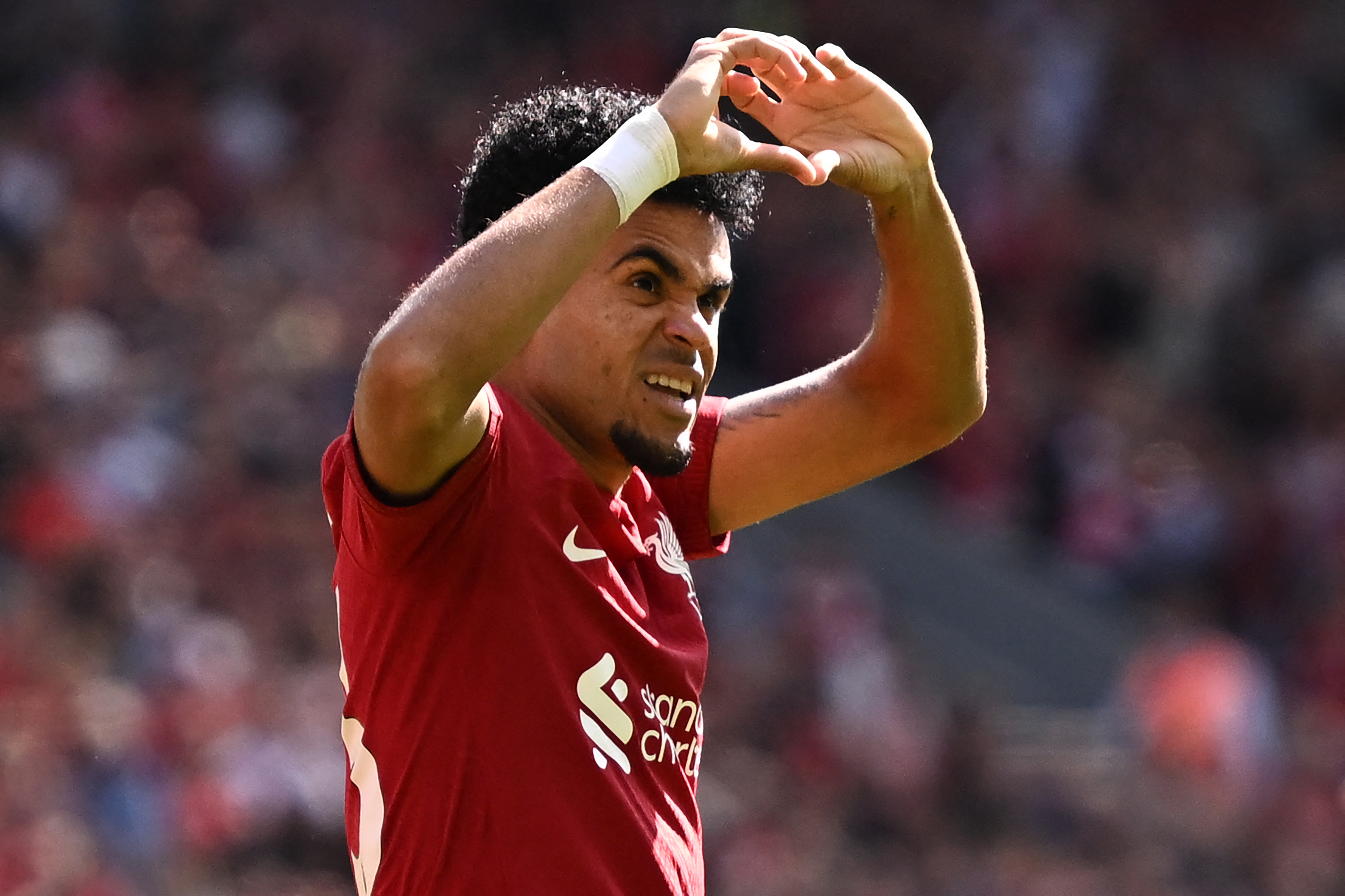 Luis Díaz celebra después de anotar un gol con el Liverpool. (Photo by Oli SCARFF / AFP) /