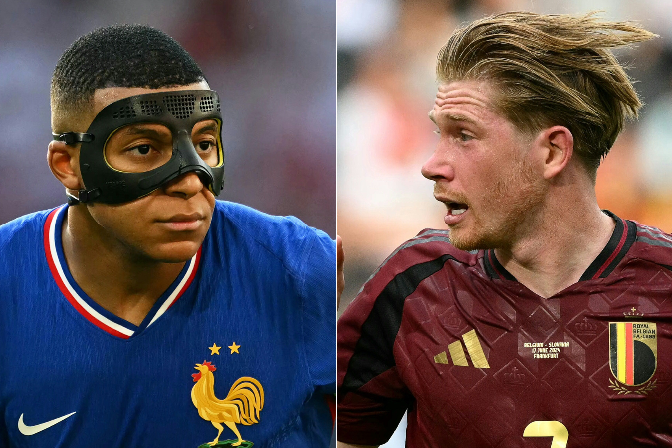 Kylian Mbappé (izq.) y Kevin De Bruyne se enfrentarán en el juego entre Francia y Bélgica en los octavos de final de la Europa League.