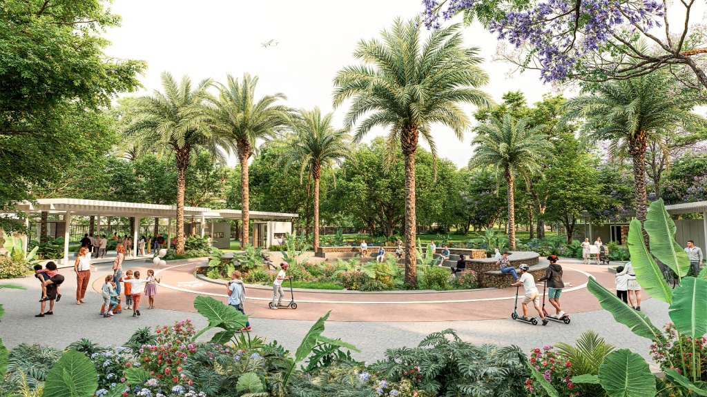 Render de la rotonda central del Gran Parque Medellín.