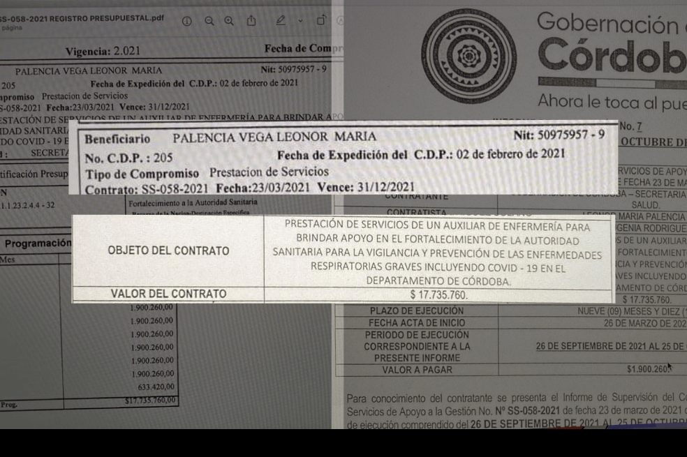 Este es el contrato que tuvo Leonor Palencia con la Secretaría de Salud departamental y que permanecía vigente en el momento de su inscripción a la candidatura por la curul de paz del sur de Córdoba.