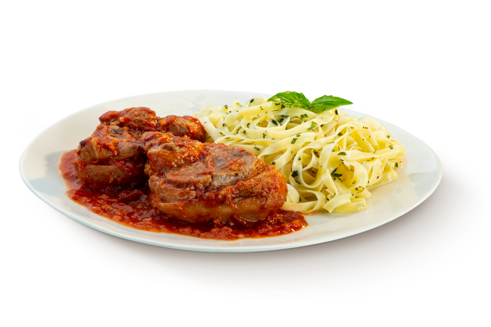 Osobuco de cerdo en salsa de tomate con pasta