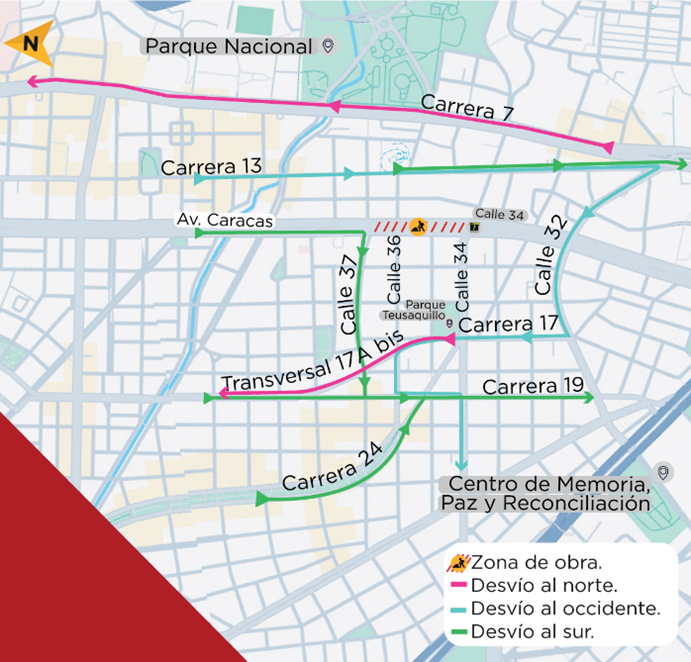 Mapa de desvíos en la intersección de la calle 36 con avenida Caracas.