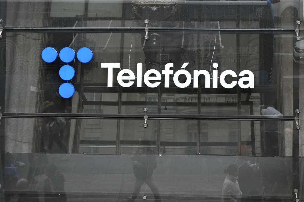 (FILES) This photograph shows the logo of Telefonica at the company's headquarters in Madrid on December 4, 2023.