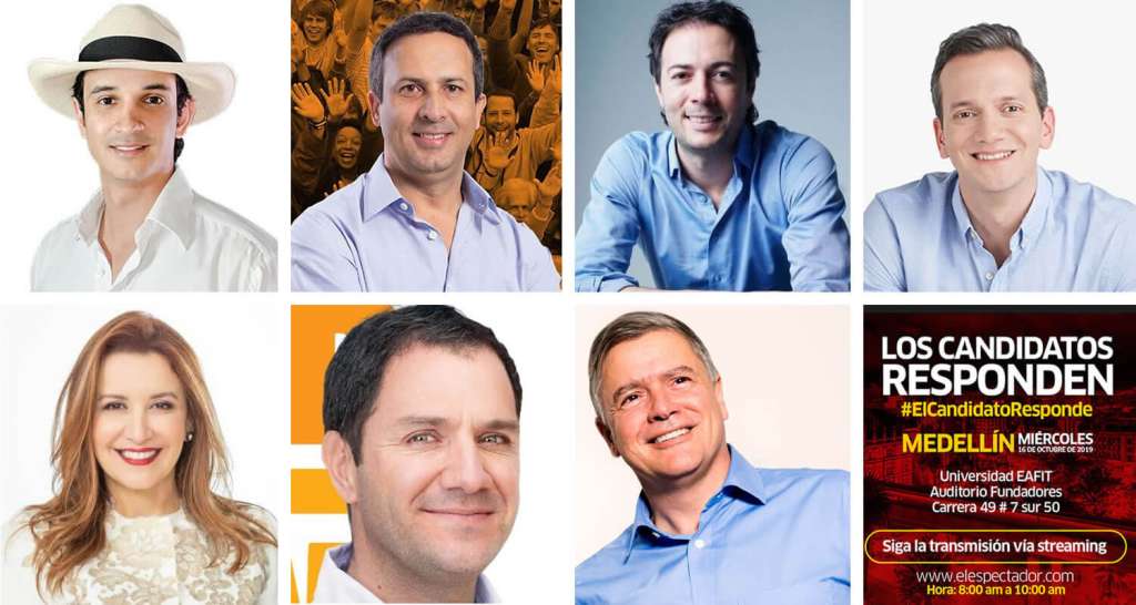 Los candidatos a la Alcaldía de Medellín: Víctor Correa, Santiago Gómez, Daniel Quintero, Alfredo Ramos, Beatriz Rave, Juan DSavid Valderrama y Juan Carlos Vélez. / Archivo