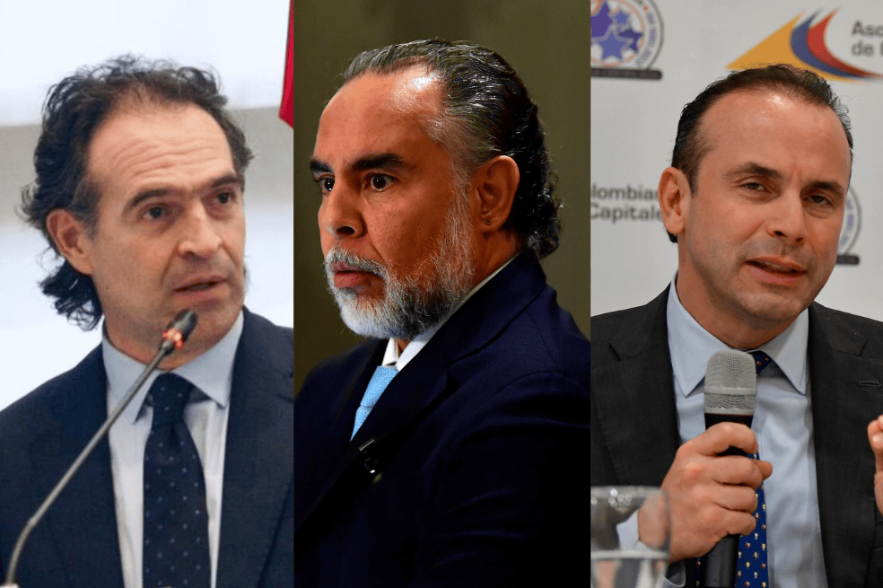 El ministro Armando Benedetti (centro) aseguró que denunciaría a los alcaldes Federico Gutiérrez (izq.) y Alejandro Eder (der.)