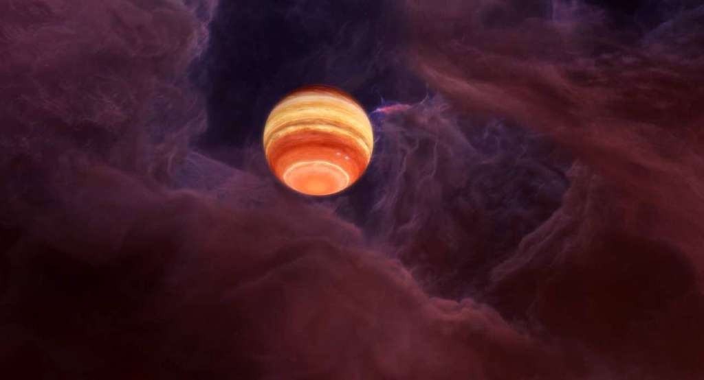 Ilustración de un objeto de masa planetaria joven dentro de una nube de polvo y gas en donde se forman nuevas generaciones de estrellas.