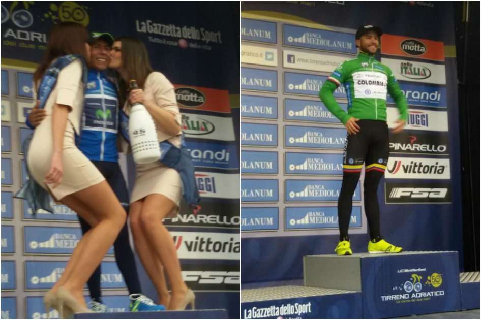 Nairo Quintana vistiendo la 'maglia' azul de líder. Carlos Quintero campeón de la montaña (der.) / @TirrenAdriatico