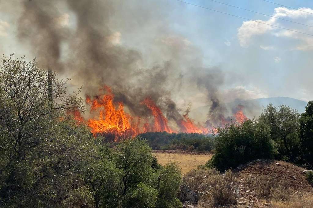 Nafplio (Greece), 21/06/2024.- Fire burns olive trees in a mountainous area of ??the Municipality of Argos, Mycenae, in the area of ??Lyrkeia and Douka, Peloponnese, Greece, 21 June, 2024. Strong forces of the Fire Department from Argos and Nafplio are operating at the scene, while aerial vehicles, the civil protection of the Municipality, water tankers and the police have been called to fight the fire. The Hellenic National Meteorological Service HNMS predicts temperatures of 37 degrees Celsius over the upcoming weekend 22-23 June while there is a growing danger of wildfires in the coastal region. (incendio forestal, Grecia) EFE/EPA/VAGELIS BOUGIOTIS BEST QUALITY AVAILABLE