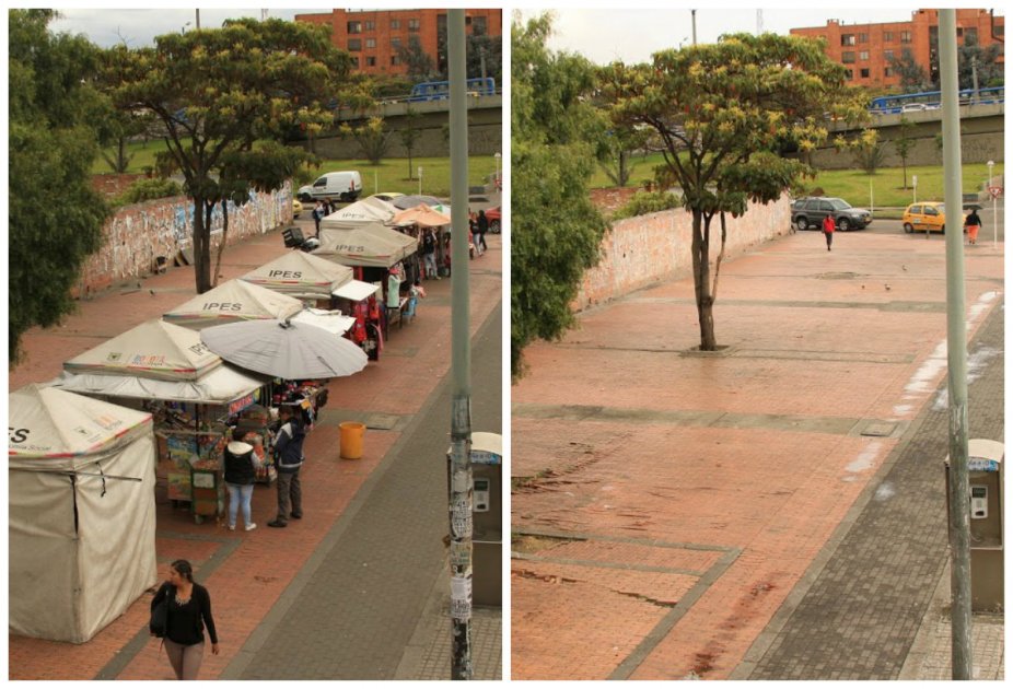 Antes del operativo del Distrito que recuperó el espacio público de la autopista Norte con calle 10 y después de él. / Andrés Sandoval DADEP