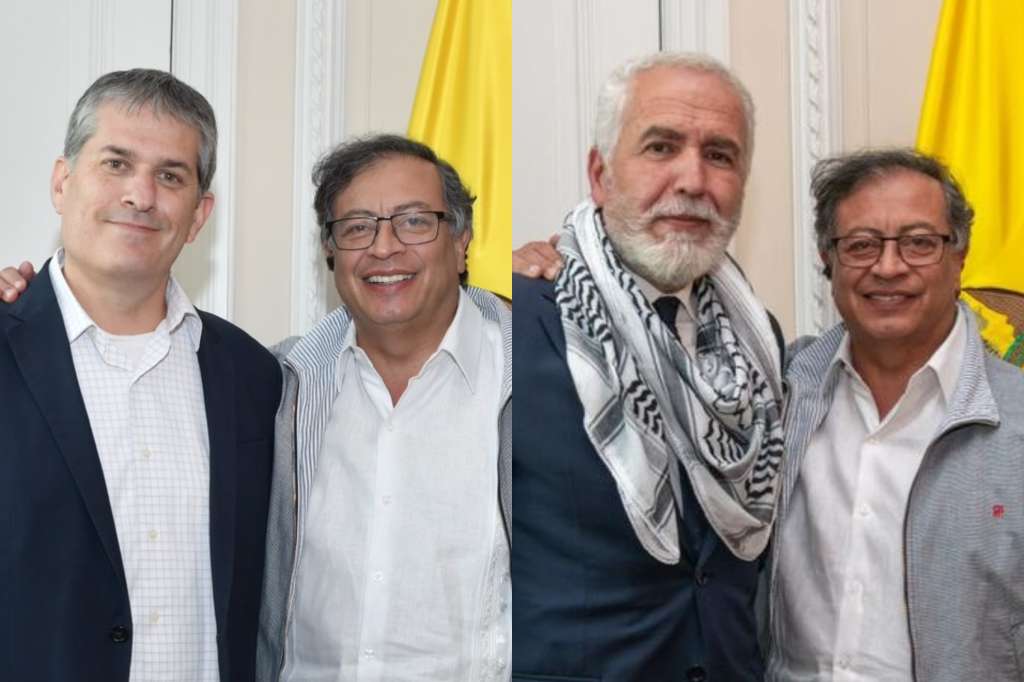 El presidente Petro y los embajadores de Israel y Palestina en Colombia.