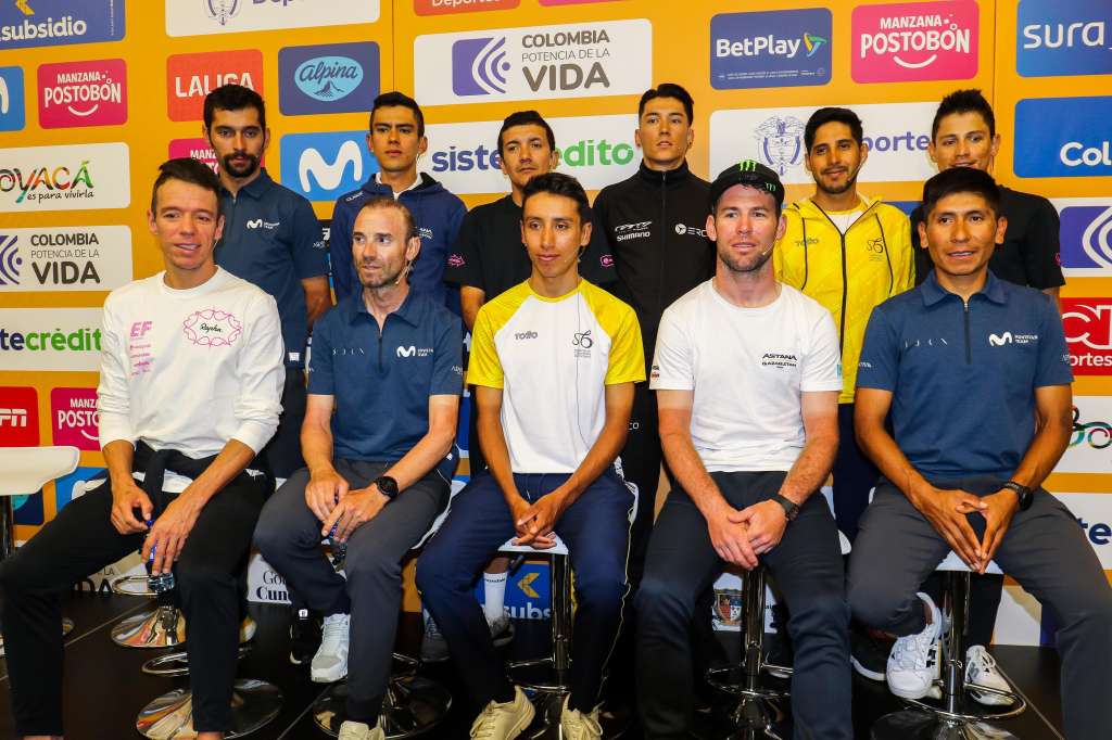 Fernando Gaviria, Harold Tejada, Richard Carapaz, Alejandro Osorio, Brandon Rivera, Esteban Chaves, Rigoberto Urán, Alejandro Valverde, Egan Bernal, Mark Cavendish y Nairo Quintana en la rueda de Prensa del Tour Colombia 2.1 2024.