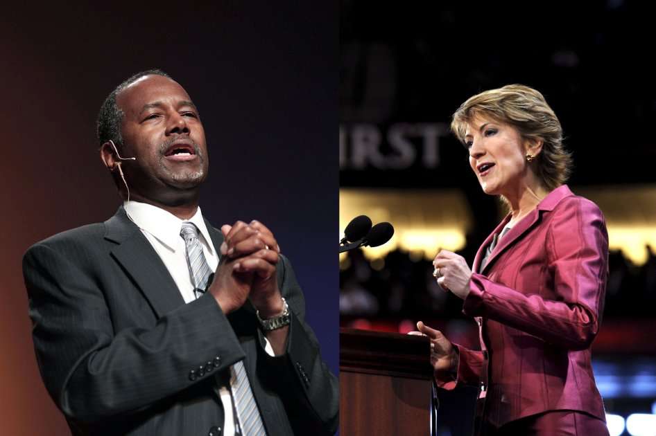 La exejecutiva de Hewlett-Packard (HP) Carly Fiorina y el neurocirujano Ben Carson. / AFP