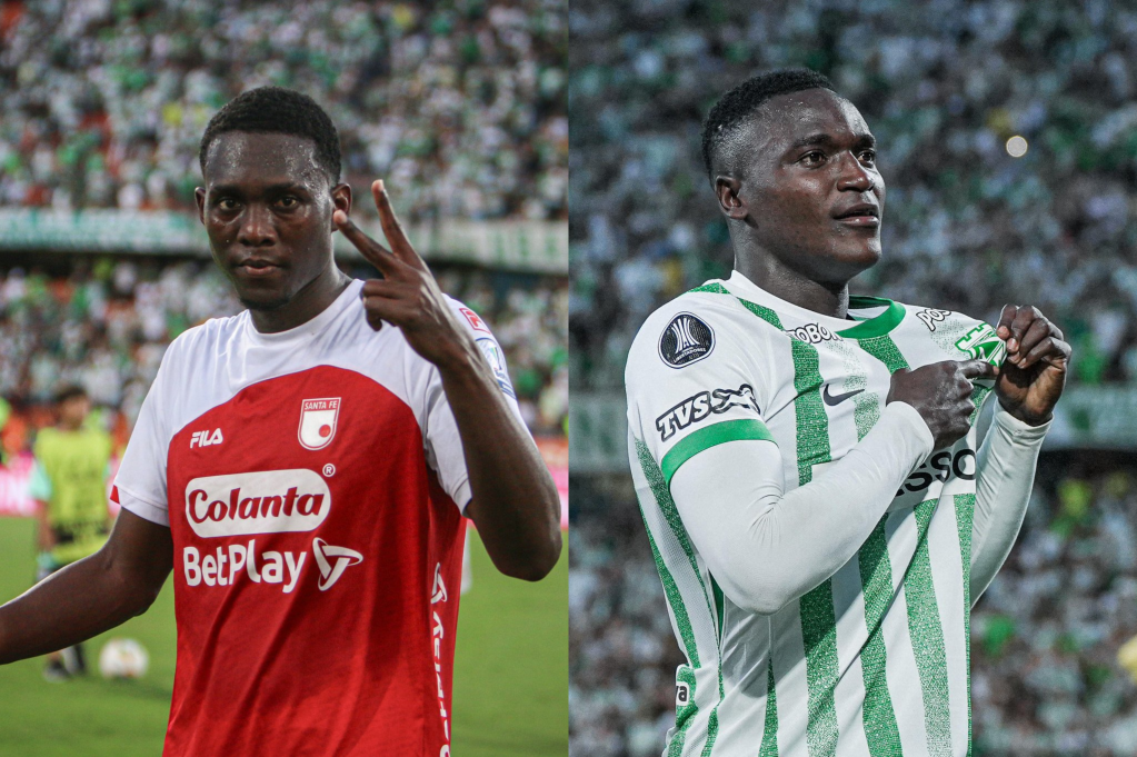 Yílmar Velásquez (izq.) y Kevin Viveros, protagonistas del duelo entre Santa Fe y Nacional.