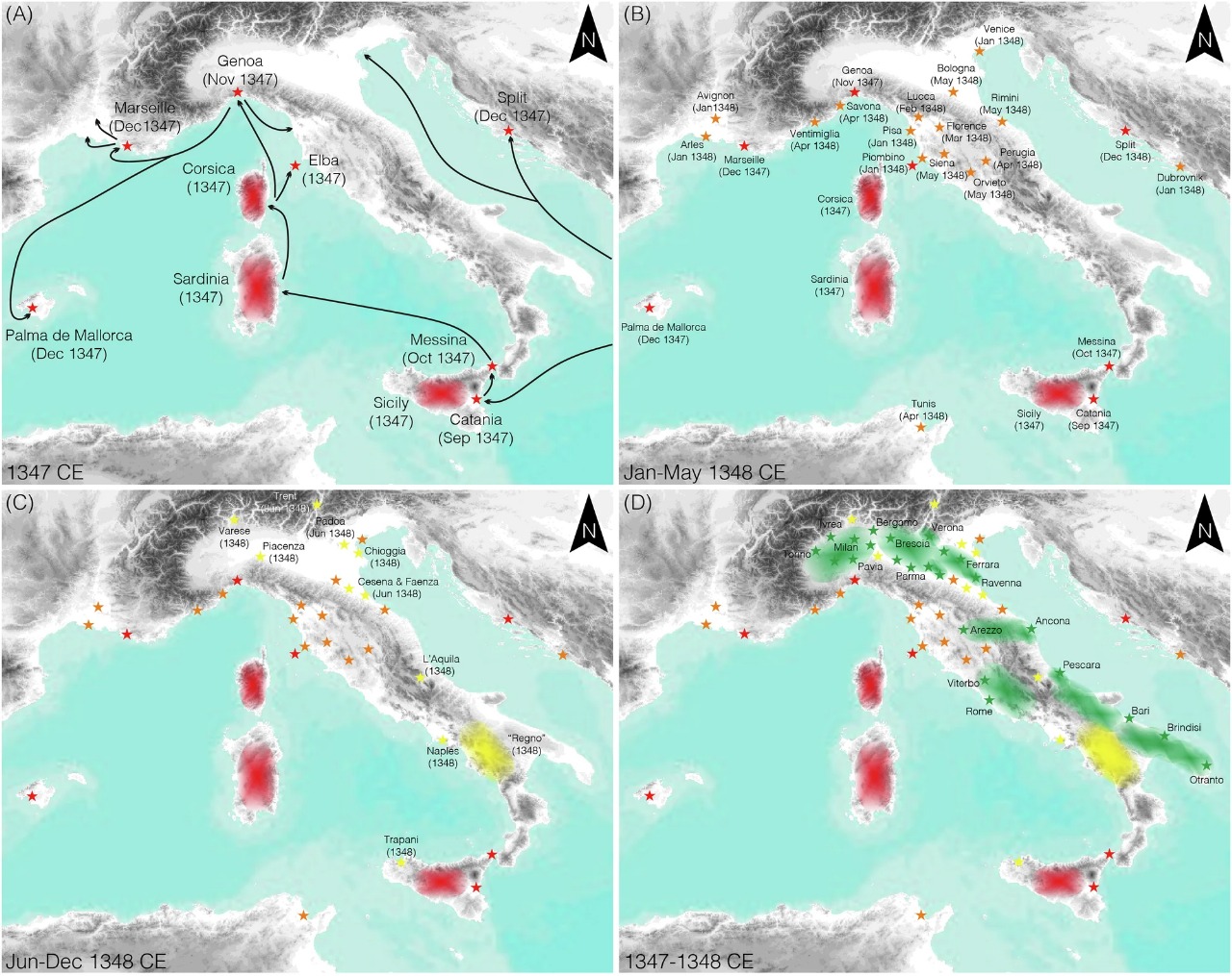 Los primeros brotes de peste reportados en 1347 d. C. en el sur de Europa (estrellas rojas), junto con las rutas asumidas de los barcos graneros venecianos y genoveses (líneas negras).
Por su parte, los brotes de peste reportados posteriormente entre enero y mayo de 1348 d. C. (estrellas naranjas), junto con los brotes anteriores (estrellas rojas).