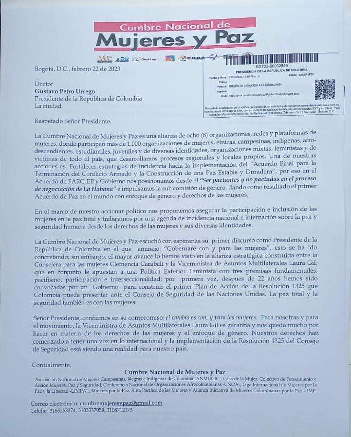 Carta enviada el 22 de febrero de 2023 al presidente Gustavo Petro.