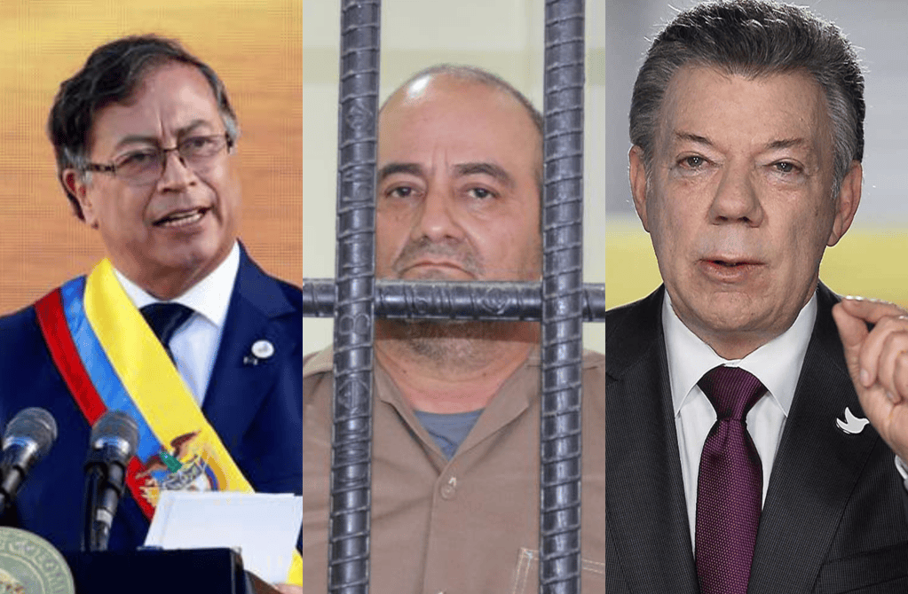 El expresidente Juan M. Santos (izq) negoció con el entonces jefe del Clan, 'Otoniel' (centro).