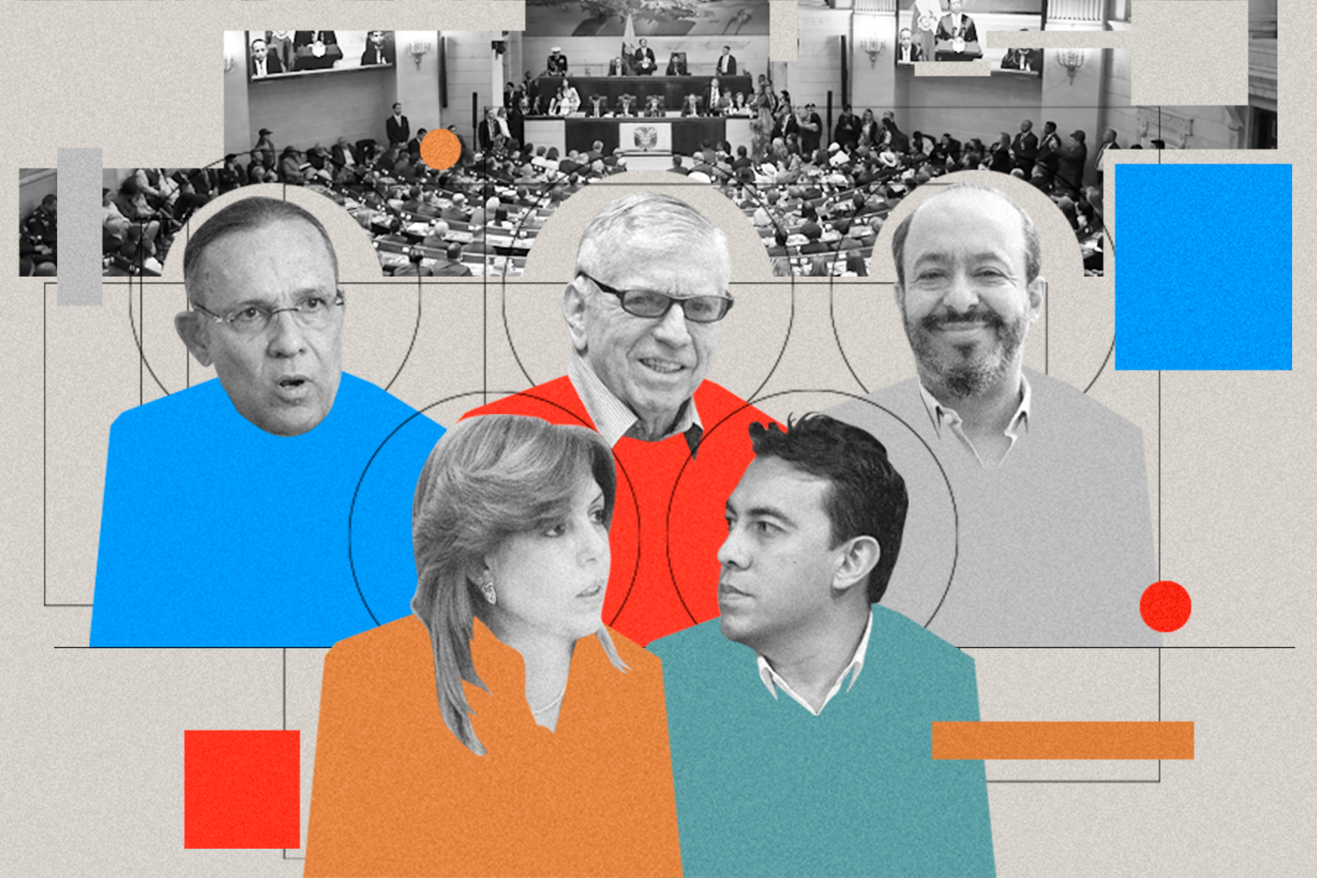 Efraín Cepeda, César Gaviria y Germán Córdoba, presidentes actuales de los partidos Conservador, Liberal y Cambio Radical (arriba). Clara Luz Roldán y Alexander Vega se disputan la presidencia de la U (abajo).