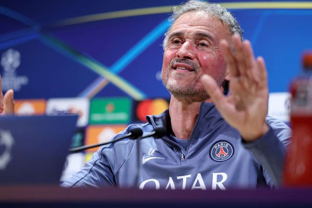 Paris Saint-Germain's Spanish head coach Luis Enrique gives a press conference of French football club Paris Saint-Germain a day ahead of their UEFA Champions League semi-final match against German club FC Bayern Munich at the PSG Campus in Poissy, north-west of Paris, on April 27, 2026. (Photo by FRANCK FIFE / AFP)