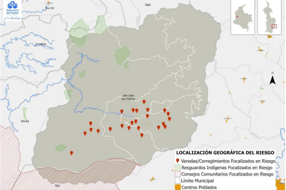 La cabecera municipal y las veredas del municipio de San José del Palmar, en Chocón, están bajo la alerta de la Defensoría por acción del Eln y el Clan del Golfo.