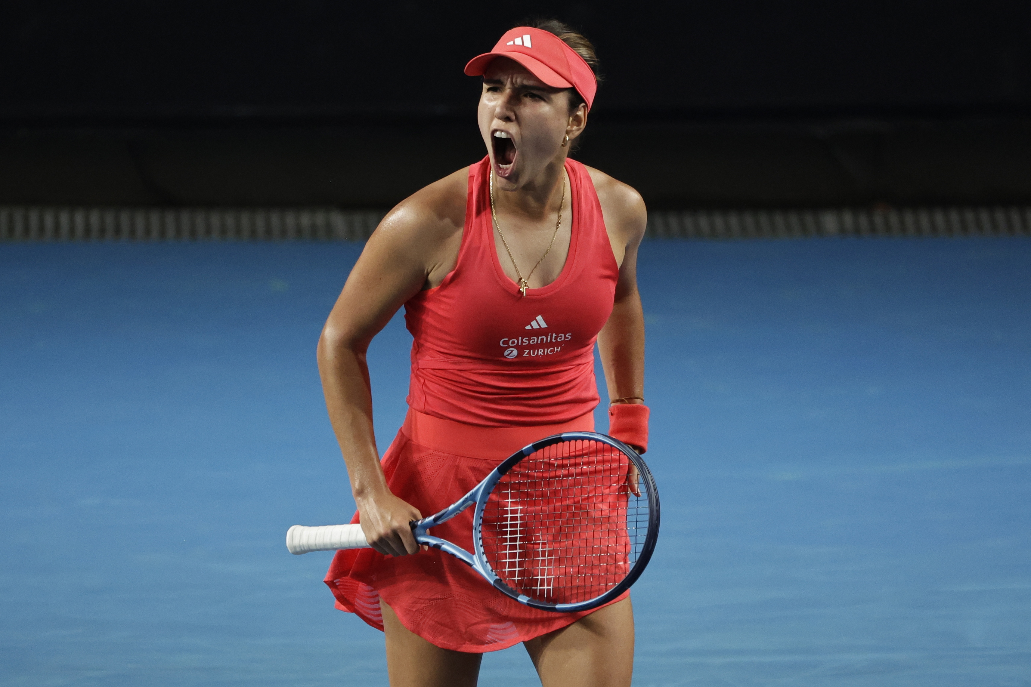 Melbourne (Australia), 14/01/2025.- Camila Osorio of Colombia reacts during her Women's round 1 match against Maria Sakkari of Greece at the Australian Open tennis tournament in Melbourne, Australia, 14 January 2025. (Tenis, Grecia) EFE/EPA/ROLEX DELA PENA