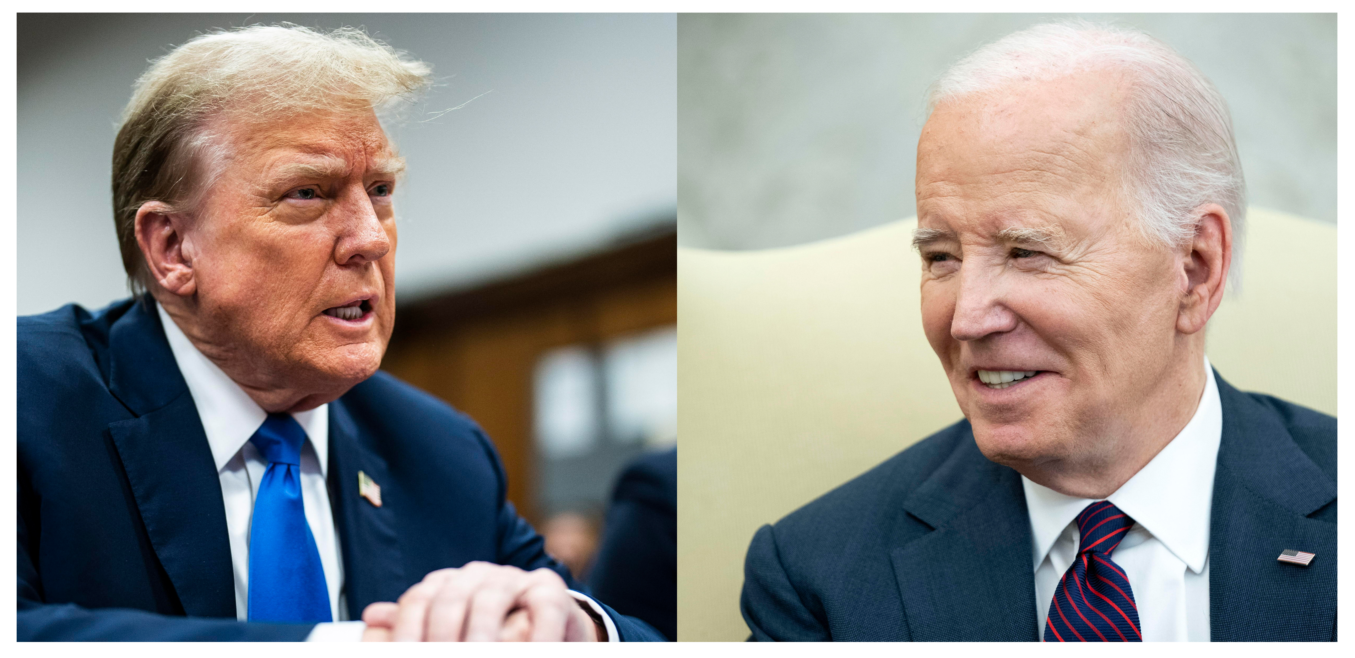 AME8695. WASHINGTON (ESTADOS UNIDOS), 19/04/2024.- Combo de fotografías de archivo que muestra al expresidente de los Estados Unidos Donald Trump (i), durante una audiencia judicial, y al presidente Joe Biden (d), durante una reunión en la Casa Blanca. El expresidente de Estados Unidos y precandidato republicano Donald Trump aventaja al actual mandatario, el demócrata Joe Biden, en los estados clave de Georgia y Míchigan, mientras que ambos empatan en Pensilvania y Wisconsin, según la última encuesta de Fox News. EFE/ Jabin Botsford/Bonnie Cash