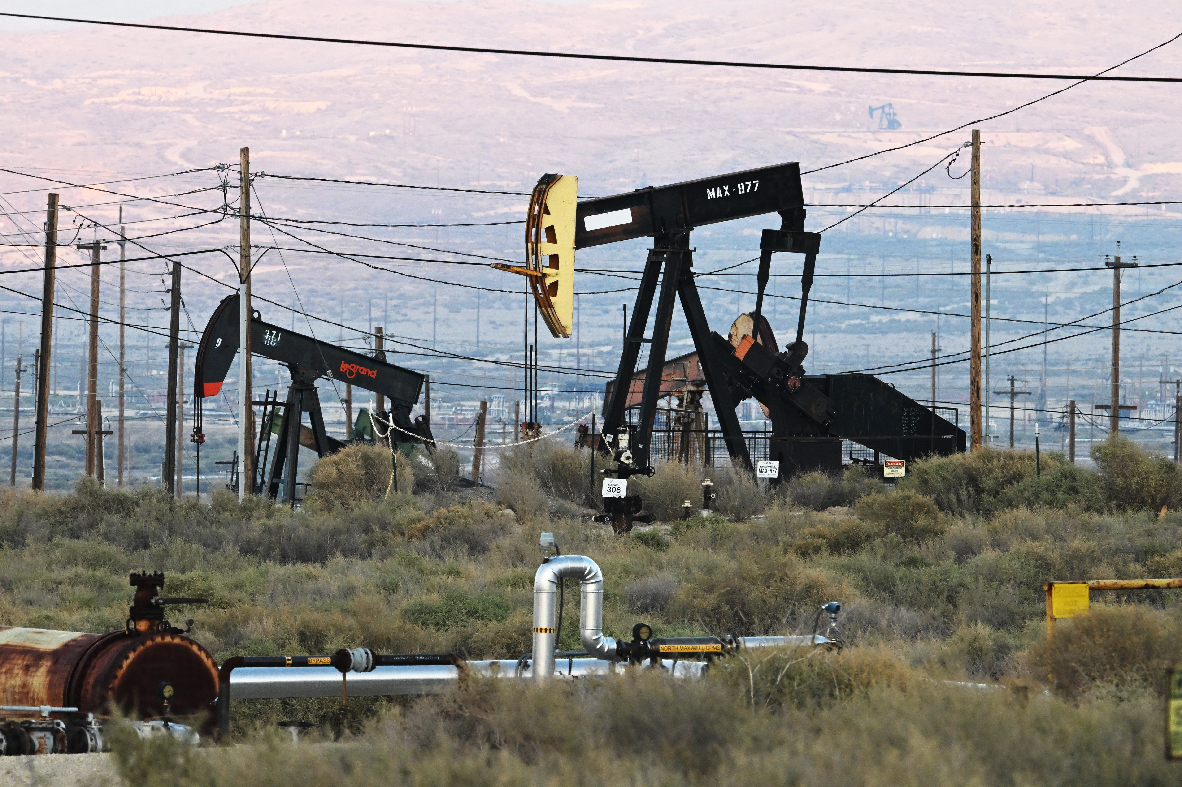 Pumpjacks lift oil from wells at the Midway-Sunset Oil Field, California’s largest, in Fellows, near Taft, on October 17, 2025.