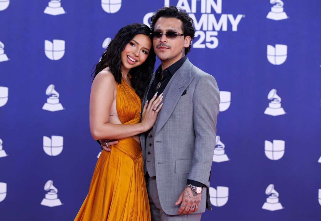 Las Vegas (United States), 14/11/2025.- Mexican singer-songwriter Christian Nodal (R) and US-Mexican singer Angela Aguilar (L) attend the red carpet event for the 26th Annual Latin Grammy Awards ceremony at the MGM Grand Garden Arena in Las Vegas, Nevada, USA, 13 November 2025. The Latin Grammy Awards recognize artistic and/or technical achievement, not sales figures or chart positions, and the winners are determined by the votes of their peers-the qualified voting members of the academy. EFE/EPA/CRISTOBAL HERRERA-ULASHKEVICH
