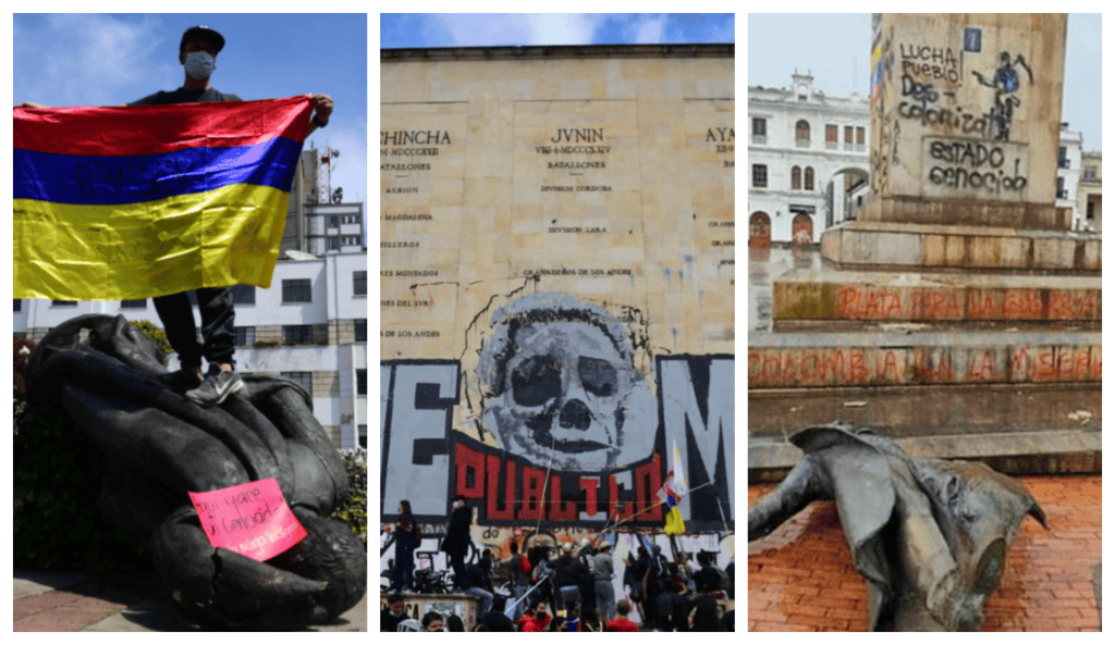Manifestaciones contra la estatua de Gonzalo Jiménez de Quesada, en Bogotá, (Izquierda), el Monumento a los Héroes en la capital (Centro) y al general Antonio Nariño, en Pasto (Derecha).